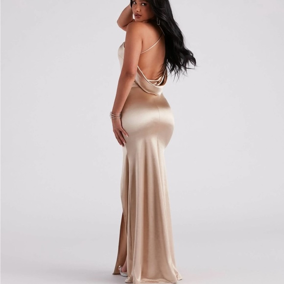 Windsor Gold/Champagne Satin Backless Mermaid Dress - Picture 2 of 4